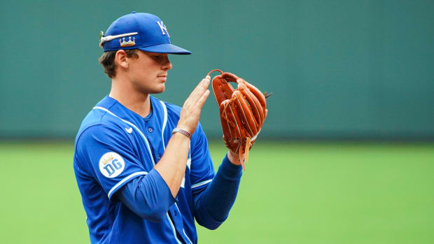 Jul 21, 2020; Kansas City, Missouri, USA; Kansas City Royals shortstop Bobby Witt (90) gets ready to defend against the Houston Astros at Kauffman Stadium. Mandatory Credit: Jay Biggerstaff-USA TODAY Sports